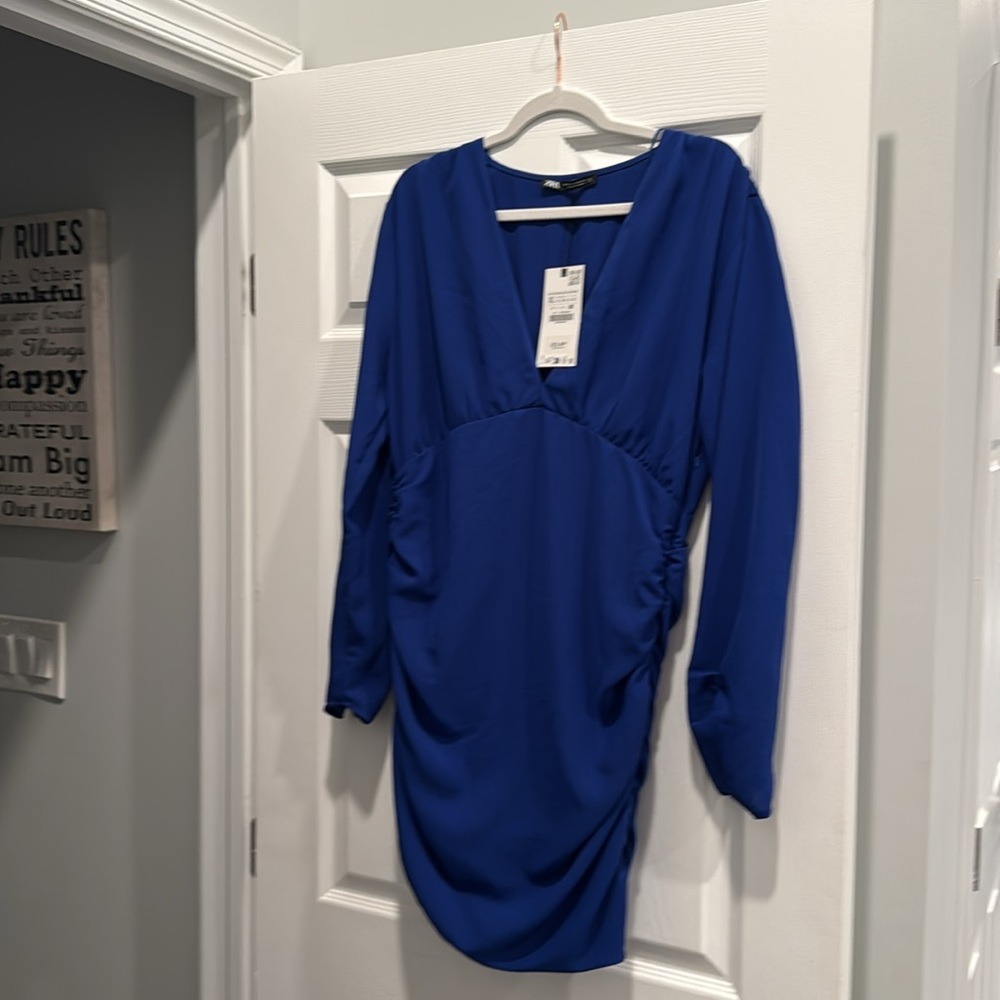 New ZARA Royal Blue mini dress with side zip and rouching detail size XL NWT